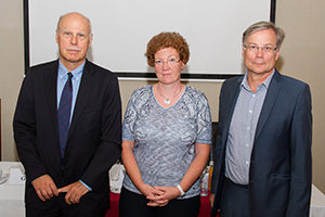 Wolfgang Grisold, MD, (from left) WFN secretary general, Elisabeth Fertl, MD, OEGN president; and Reinhold Schmidt, MD, OEGN past president, represent the OEGN during the World Brain Day 2016 press conference.