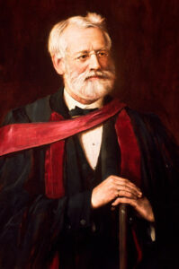 old painting of Thomas Laycock wearing a suit with a red scarf and holding a cane